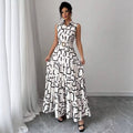 Printed-button Sleeveless Lace-up Shirt-collar Dress