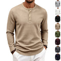 Mens Retro Jacquard Plaid Loose-Fit Long-Sleeve Henley T-Shirt