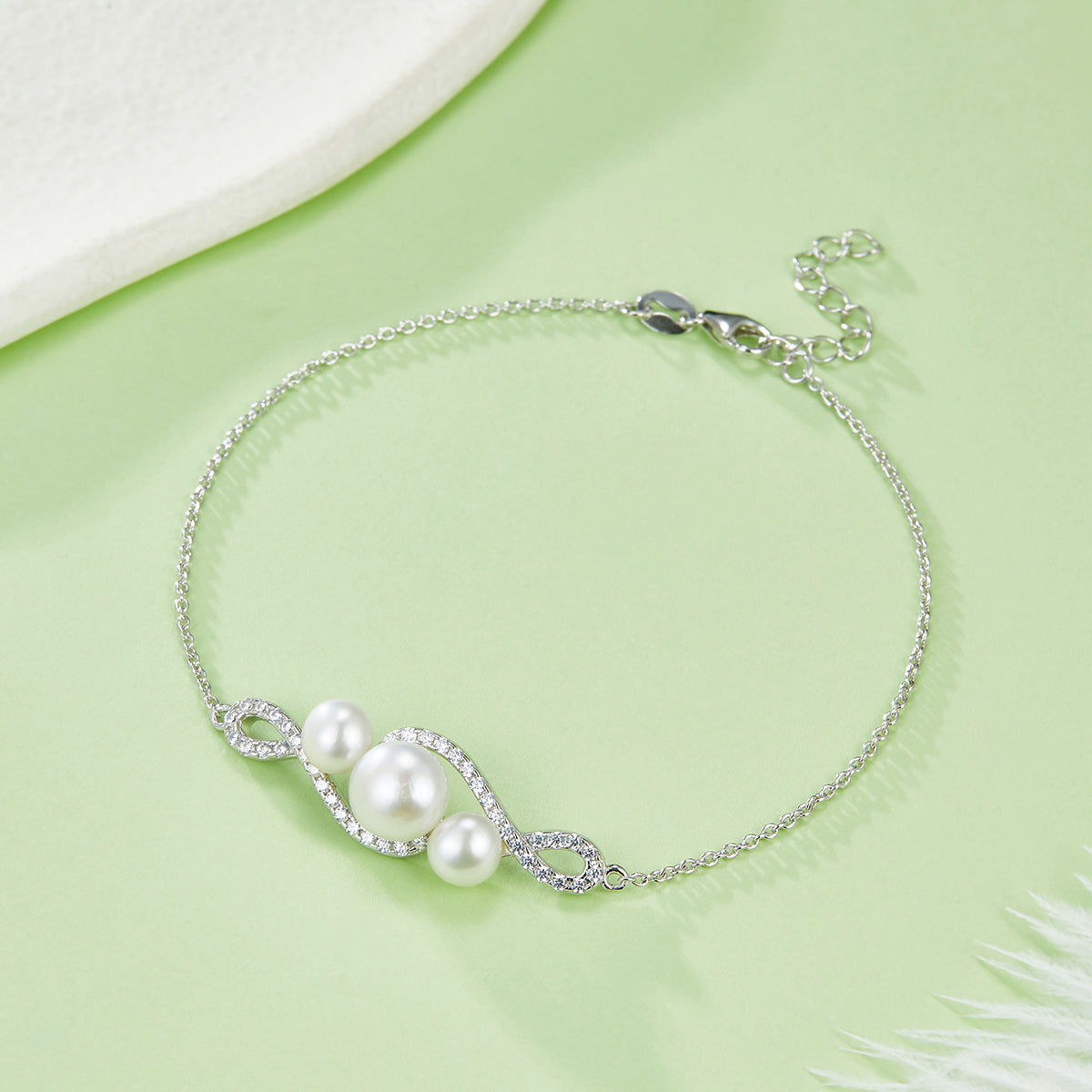 S925 Sterling Silver Natural Freshwater Pearl Bracelet For Women, Infinity Pave Design, 3g, Platinum Plated, Extender Chain, Gift Box