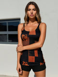 2026 New Abstract Geometric Print Tankini Swimsuit, U Neck Tummy Control Swimwear