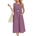 Womens Solid-Color Crew-Neck Sleeveless Pocketed Casual Dress