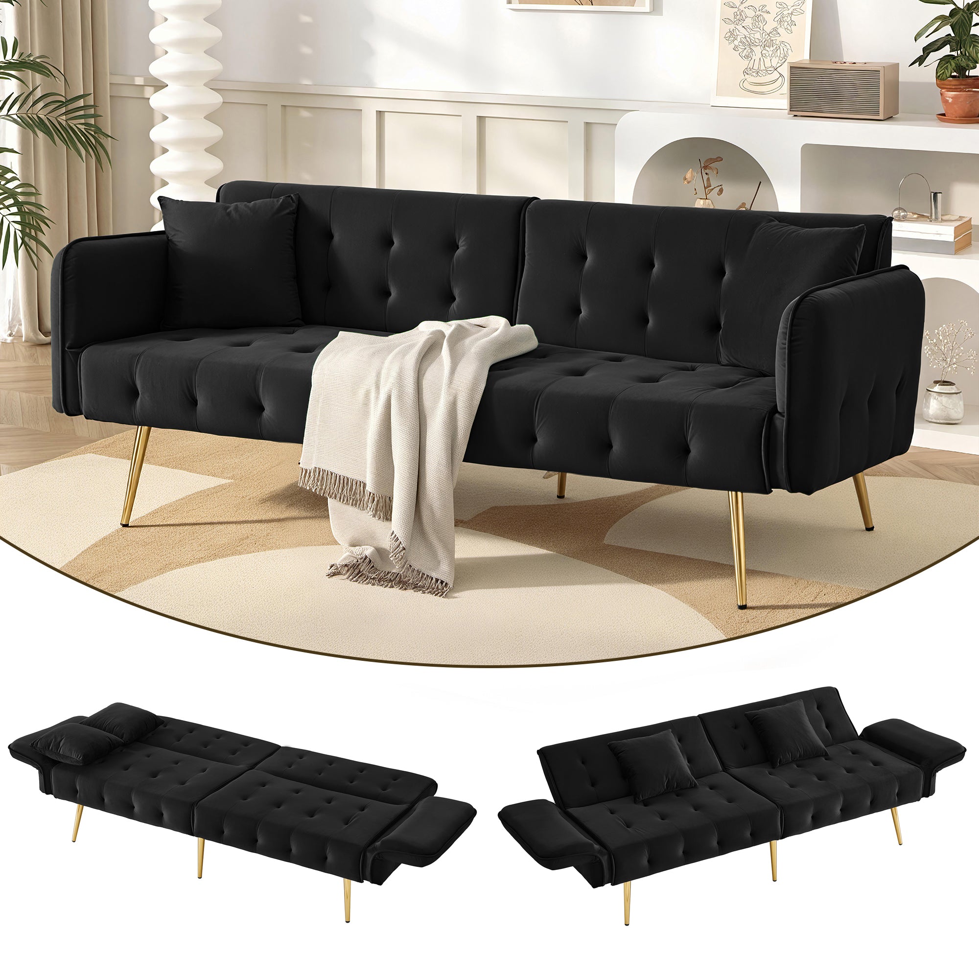 2 Seater Multifunctional Sofa Bed With Sleeping Function, Adjustable Backrest   Multi-Position Armrests. Modern Folding Sofa Bed For Living Room  Velvet Upholstery. Spacious Sleeping Area