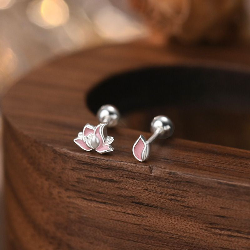 1pair 999 Sterling Silver Enamel Asymmetric Lotus Screw Back Stud Earrings, Gentle Oriental Style, For Daily Dating Wear & Women Holiday Gifts