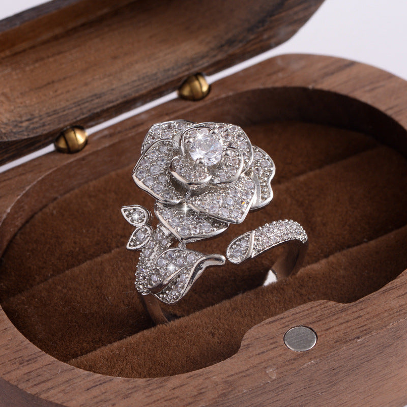 Fashionable Light-luxury High-end Diamond-studded Camellia Open Ring
