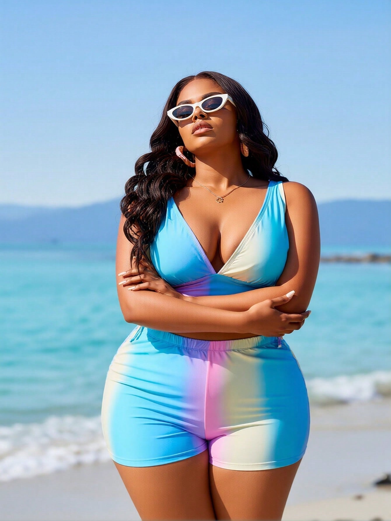 2026 Women's Playful Two-Piece: Pastel Ombre Print Plunge V-Neck Top And Matching High-Waisted Boyleg Shorts