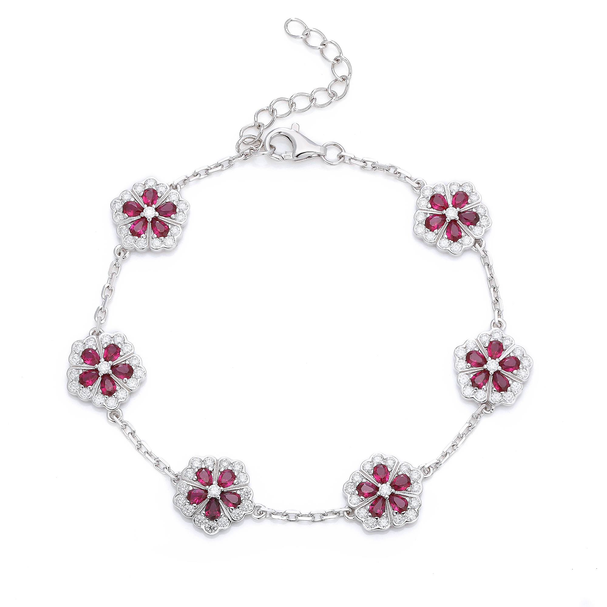 S925 Sterling Silver Red Lab-Grown Gemstone Flower Bracelet 16cm Platinum Plated With D Color VVS1 Moissanite GRA Certified Gift Box
