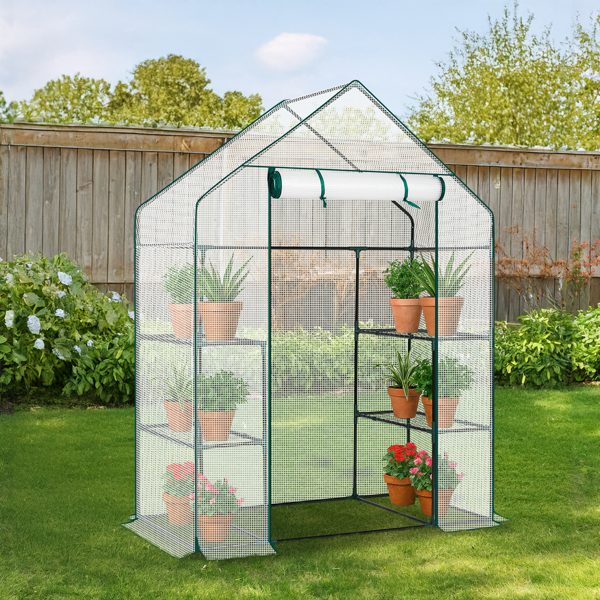 Mini Walk-in Greenhouse With PE Cover, 4-Shelf Indoor Outdoor Plant Gardening Green House For Garden Backyard, 56in  X 29in X 77in, White