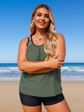 2026 New Plus Size Women's Sexy Fashion Army Green Striped Strap Two-Piece Boyleg Swimsuit For Vacation & Leisure