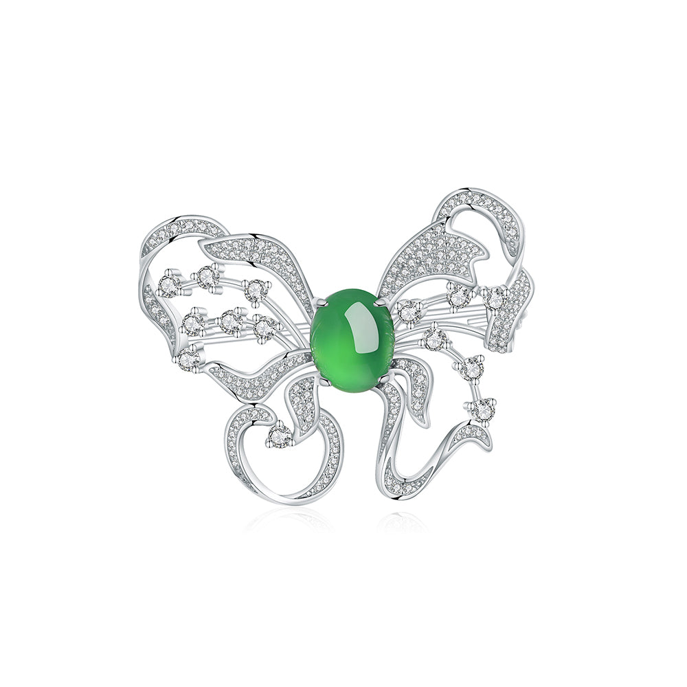 S925 Sterling Silver Butterfly Brooch, 8x10mm Green Chrysoprase Cabochon, Platinum Plated 6.7g, Elegant Women's Brooch Pin With Gift Box