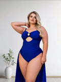2026 New Plus Size Royal Blue One-Piece Swimsuit Women's Cutout Ruched Tummy Control Bathing Suit With Gold Accent For Beach Vacation, Push-Up & Slim Fit