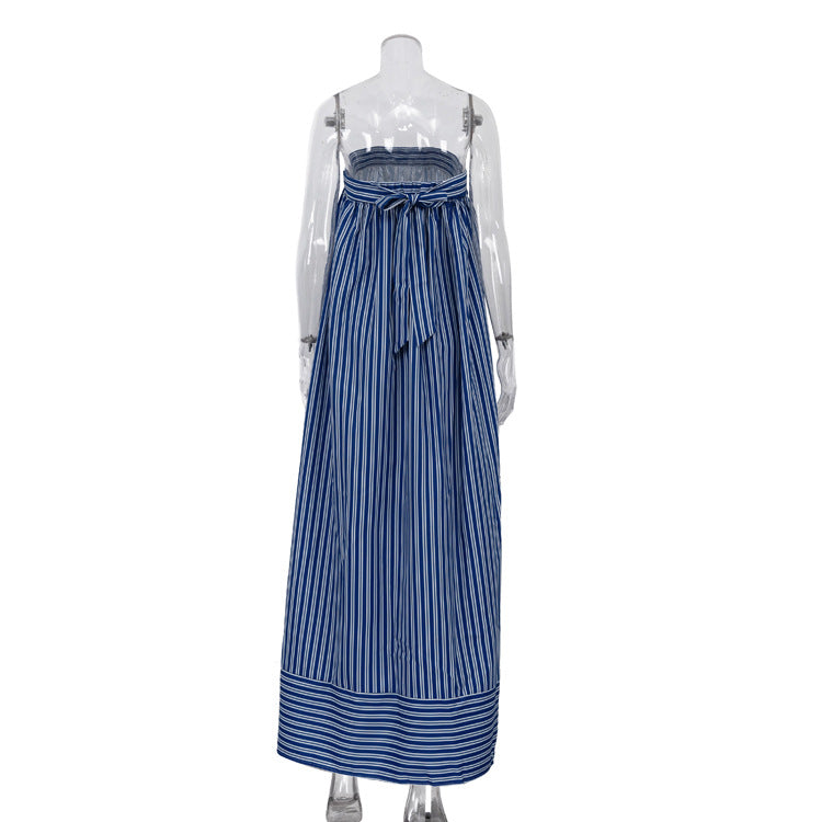 Strapless Blue And White Striped Maxi Dress