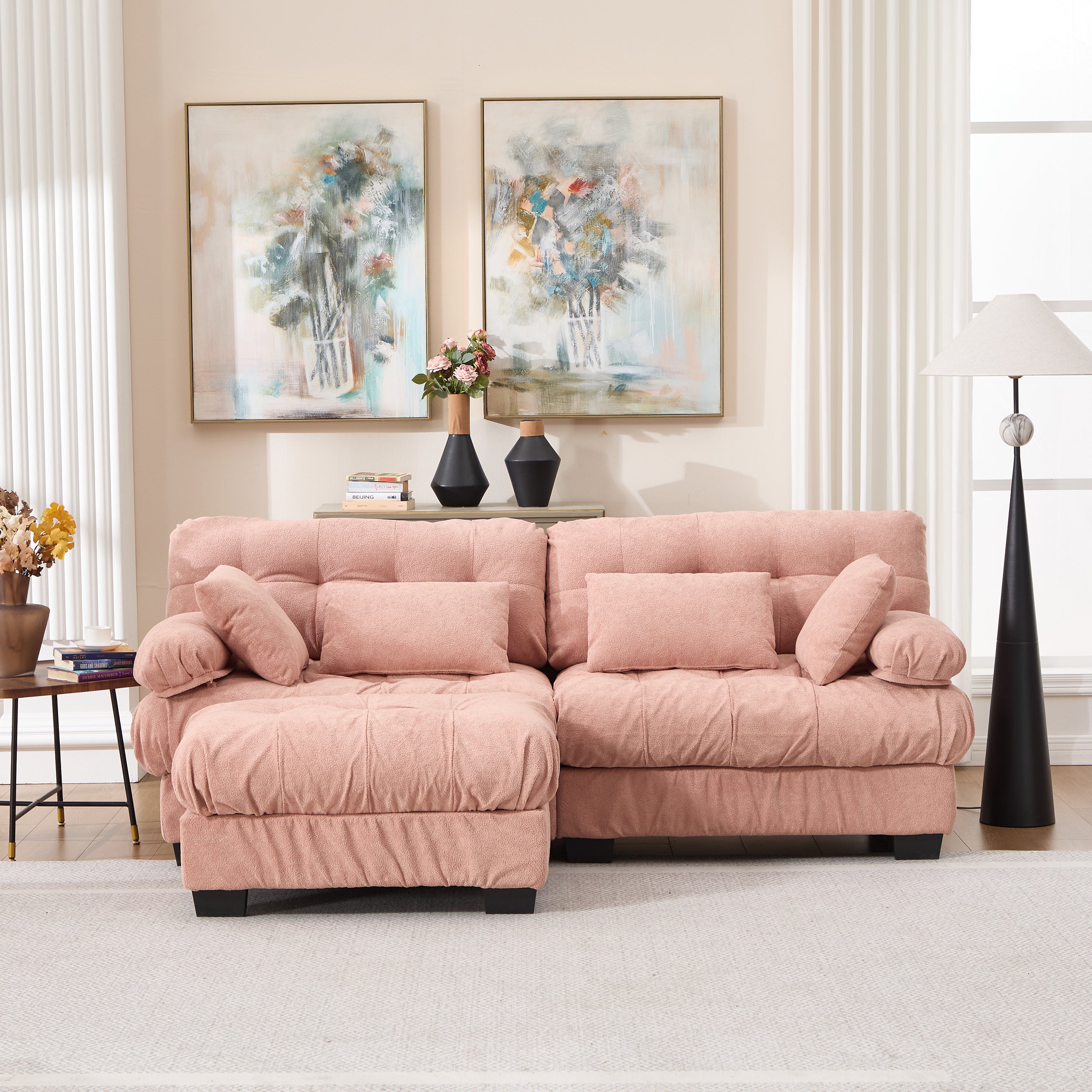 Modular Sectional Sofa Cloud Couch, Deep Seat L Shaped Couch With Ottoman,Sofa Sectional Couches For Living Room, Comfy Advanced Flannelette Loveseat With 4 Pillows