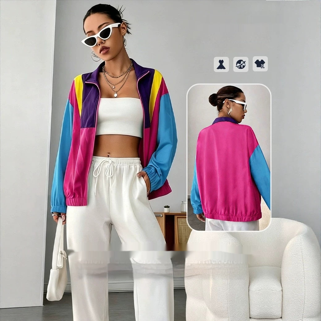 New Summer Casual Color-block Patchwork Zip-up Jacket For Women