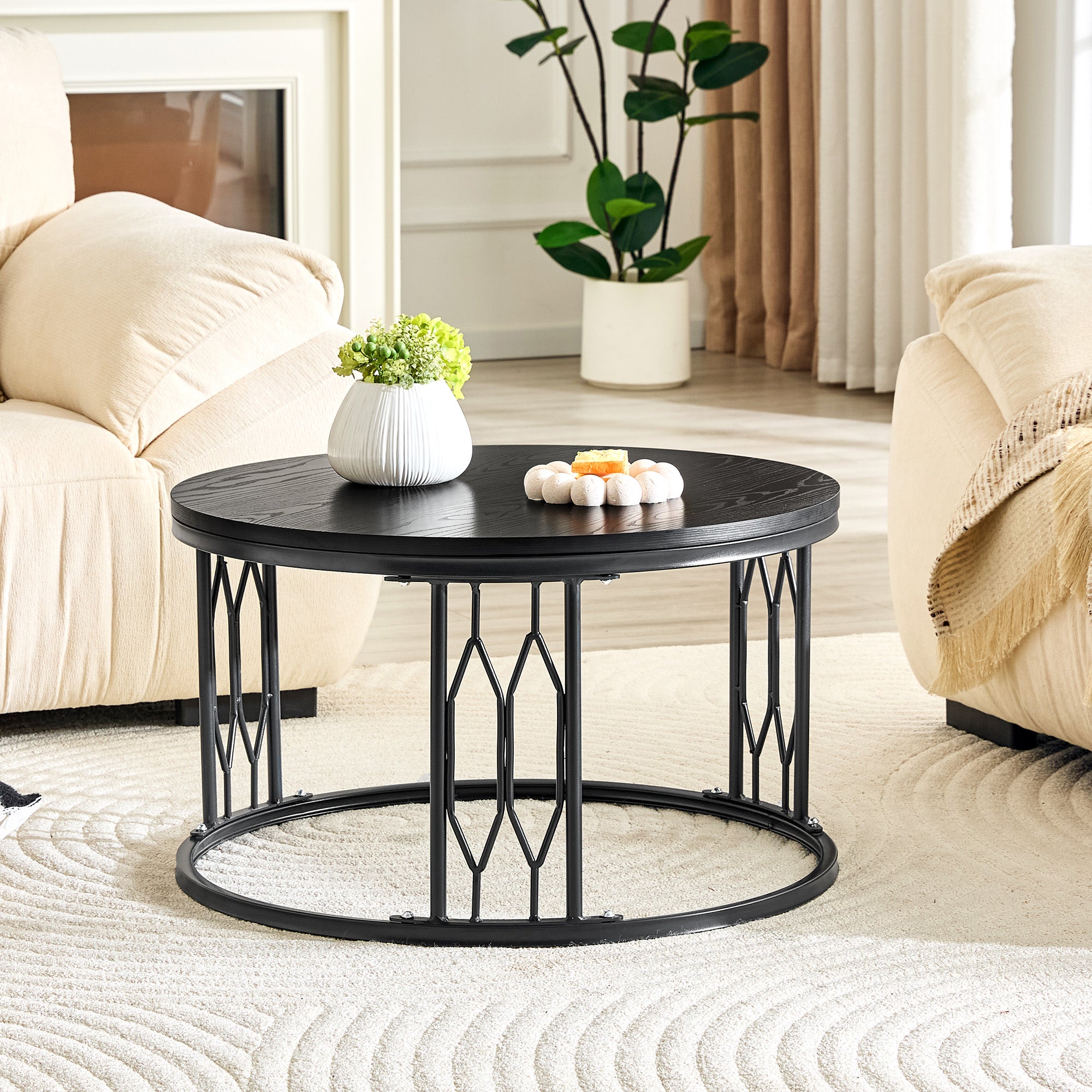 Black Round MDF Coffee Table, 27.5-inch Diameter. A Round Coffee Table For The Living Room Featuring A Rustic Industrial Design, With Sturdy Metal Frame Legs And Easy Assembly.