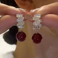 Exquisite Sparkling Red Bead Drop Earrings, Elegant Pearl Ear Ornaments For New Year