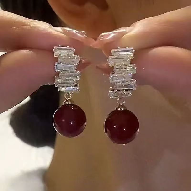 Exquisite Sparkling Red Bead Drop Earrings, Elegant Pearl Ear Ornaments For New Year