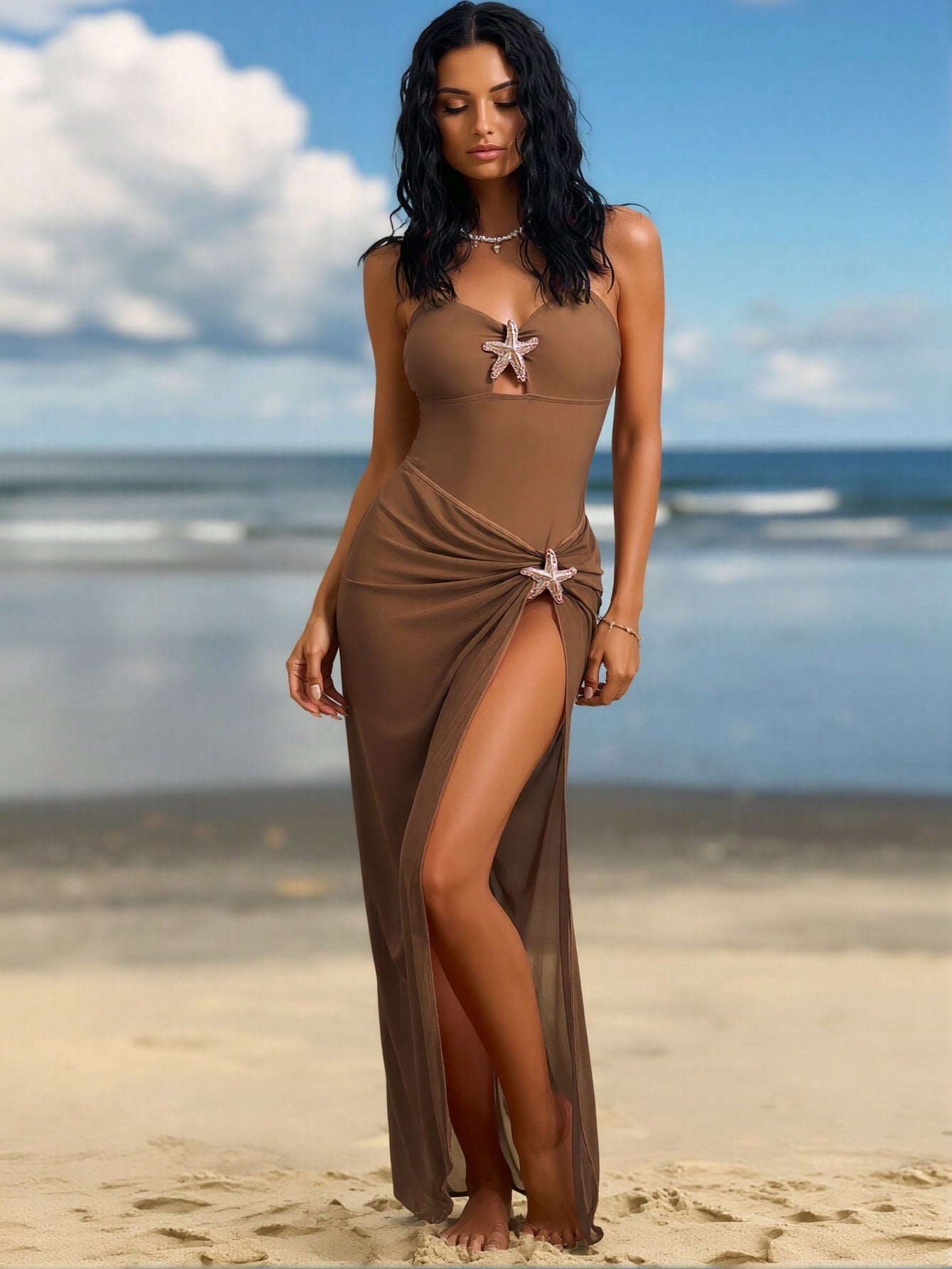 2026 New Coffee Starfish Decor One-Piece Swimsuit, Sheer High Slit Skirted Vacation Swimwear
