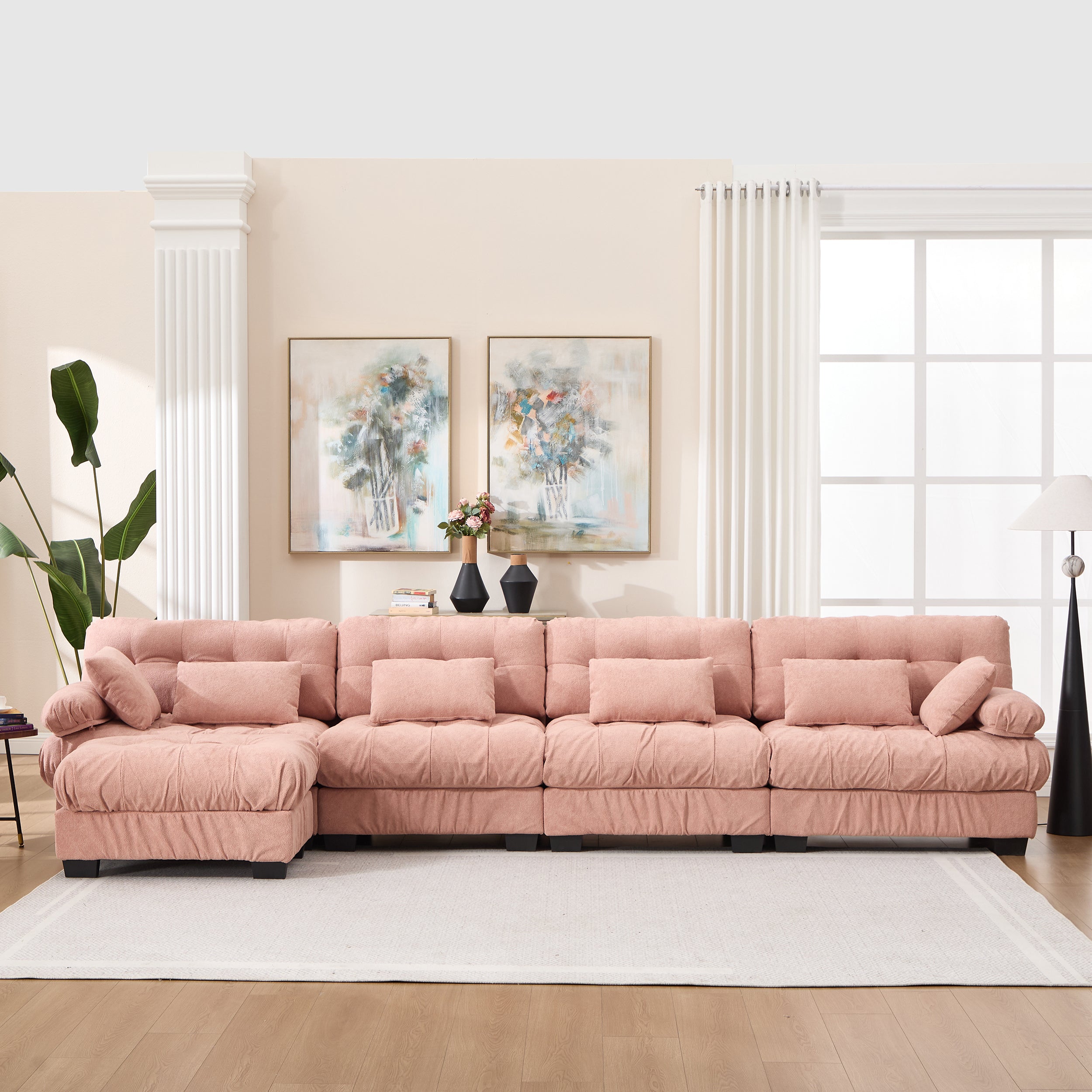 Modular Sectional Sofa Cloud Couch, L Shaped Sectional Couches For Living Room, Deep Seat Modular Couch With Round Armrests 6 Pillows, 4-Seater Modern Comfy Advanced Flannelette Sofa For Bedroom