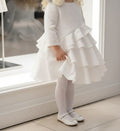 Girls Princess White Jacquard Satin Dress Elegant Multi-Layer Party Wear 2-10Y