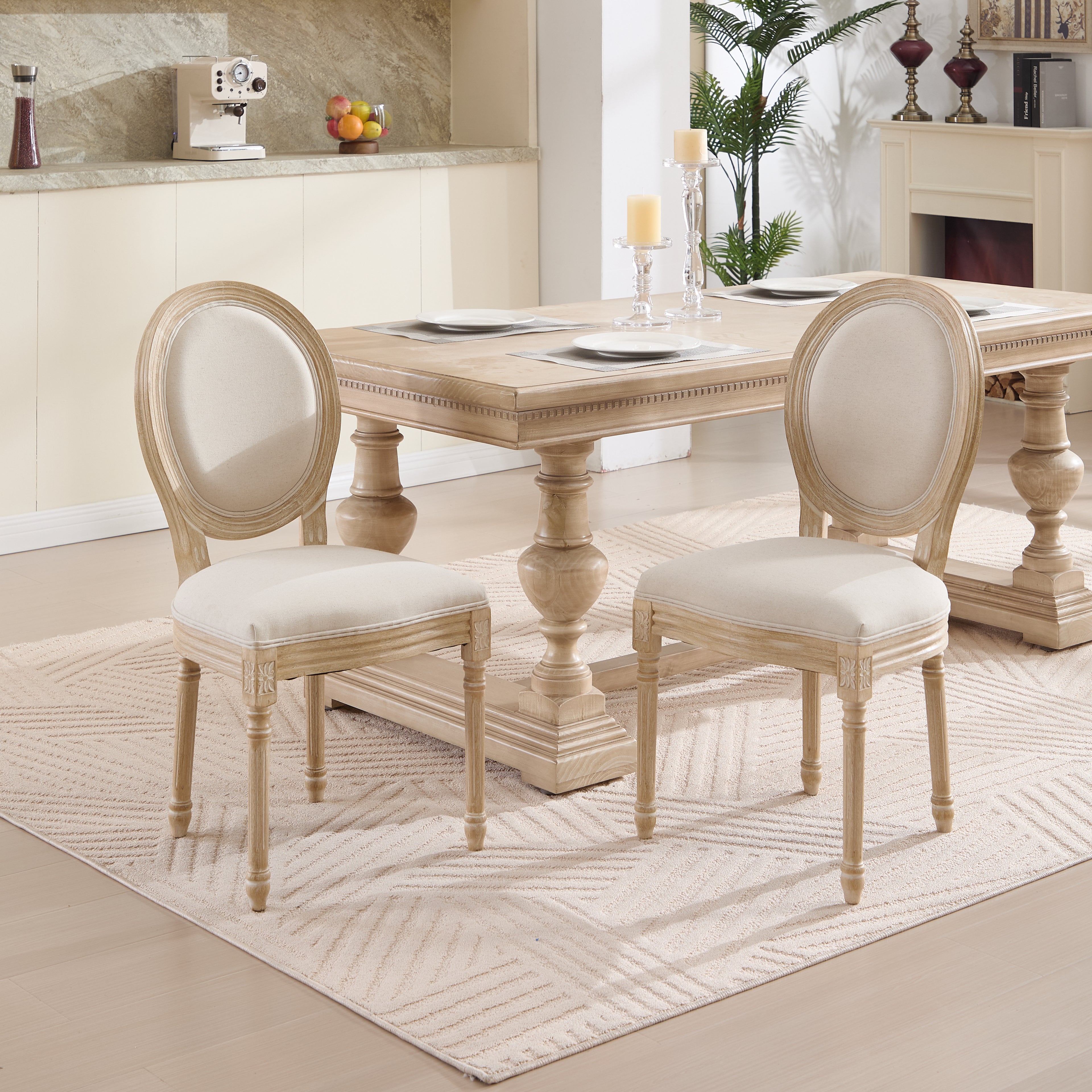 French Country Dining Chairs Set Of 2, Upholstered  Chairs With  Round Back, Wire Drawing And Carving Techniques ,Disassemblable ,  For Living Room, Kitchen , Restaurant Use, Beige