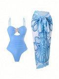 2026 New Starfish Decor One-Piece Swimsuit & Blue White Print Cover Up Skirt, Tummy Control Slimming Vacation Swimwear Set