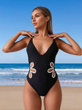 2026 New Women's Sexy Fashion Black V-Neck Floral Cutout One-Piece Swimsuit Tummy Control For Vacation