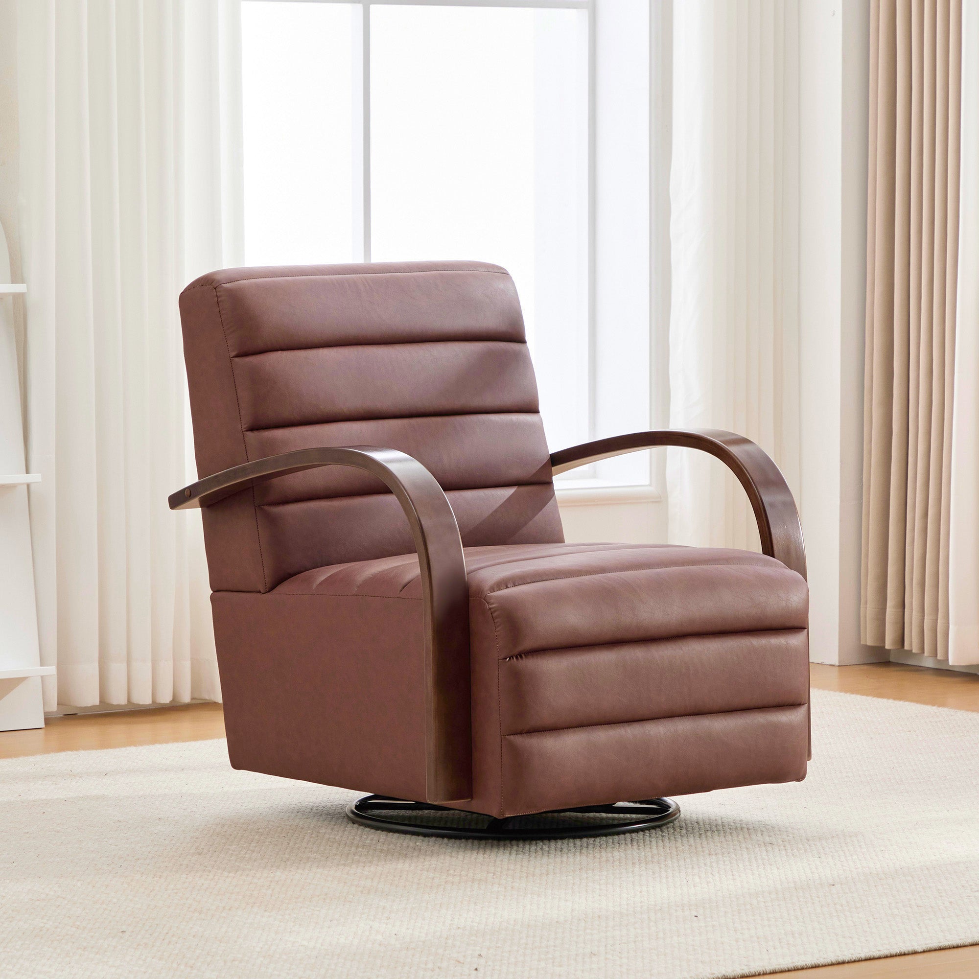 30.7 W Modern Upholstered 360 Swivel Accent Chair With Solid Wood Armrests And Comfy Channel Tufted Lounge Reading Chair, Single Sofa Armchair For Hotel Bedroom Living Room Office And Bedroom. Brown