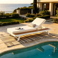 White Iron   Teak Finish Chaise Lounge Set With Cream Cushion, 400 Lbs Capacity, 4  Thick 2-Fold Water-Resistant Cushion, Adjustable Backrest With Flat Storage Surface For Patio Poolside