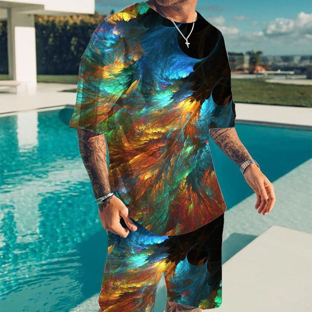 3D Digital Color-printed Loose-fit Trendy T-shirt And Shorts Mens Set