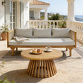 2-Piece Outdoor Patio Set Sofa With Light Gray Cushions & Light Brown Rope Back   Round Acacia Wood Coffee Table, Teak Finish, Water Repellent, 600 Lbs Sofa Capacity