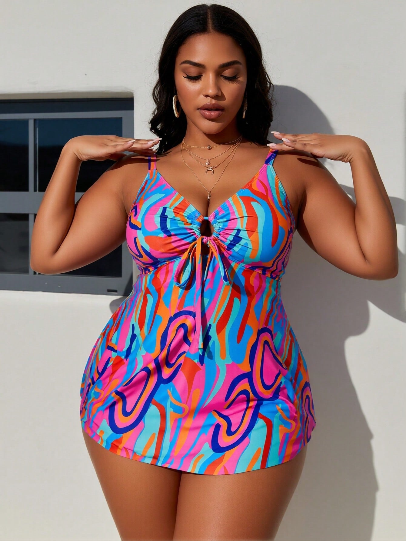 2026 New Plus Size Colorful Abstract Print Swimdress, Deep V Tie & Skirt Hem, Tummy Control Modest Swimwear