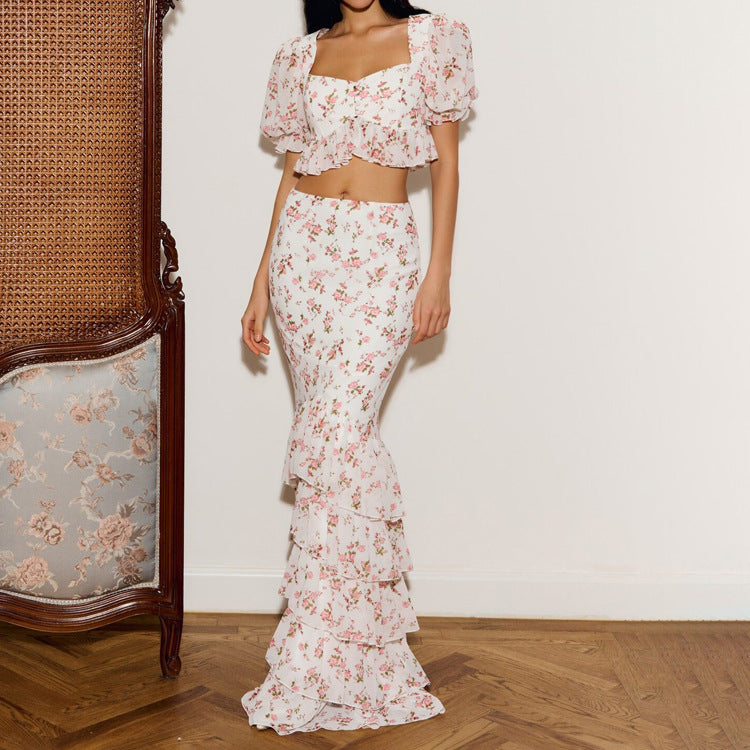 Square Neck Short-sleeved Crop Top And Bodycon Skirt Two-piece Set