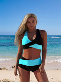 2026 Women's Active Two-Piece: Turquoise & Black Color-Block Wrap Crop Top And Matching High-Waisted Boyleg Shorts