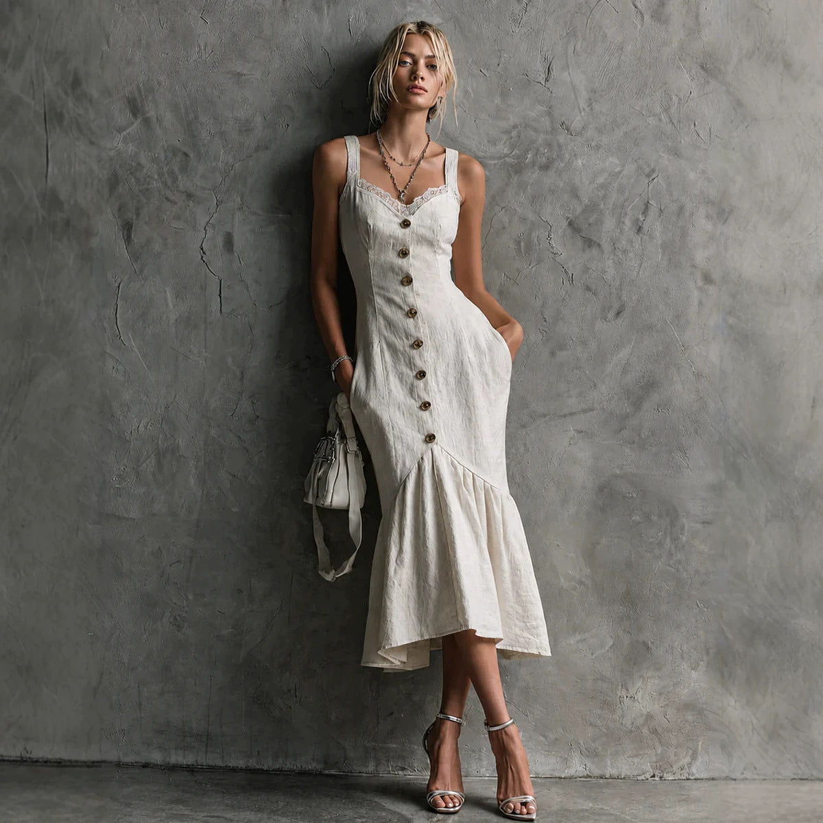 Womens Lace-Trimmed Buttoned Strap Fishtail Long Dress