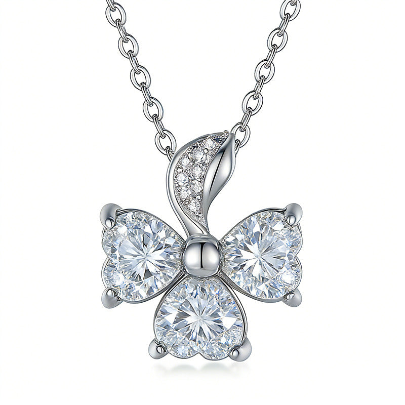 S925 Sterling Silver 3-Leaf Clover Moissanite Necklace 3pcs 6x6mm Heart Cut Stones GRA Certified 45cm Platinum Gold Plated Gift Box