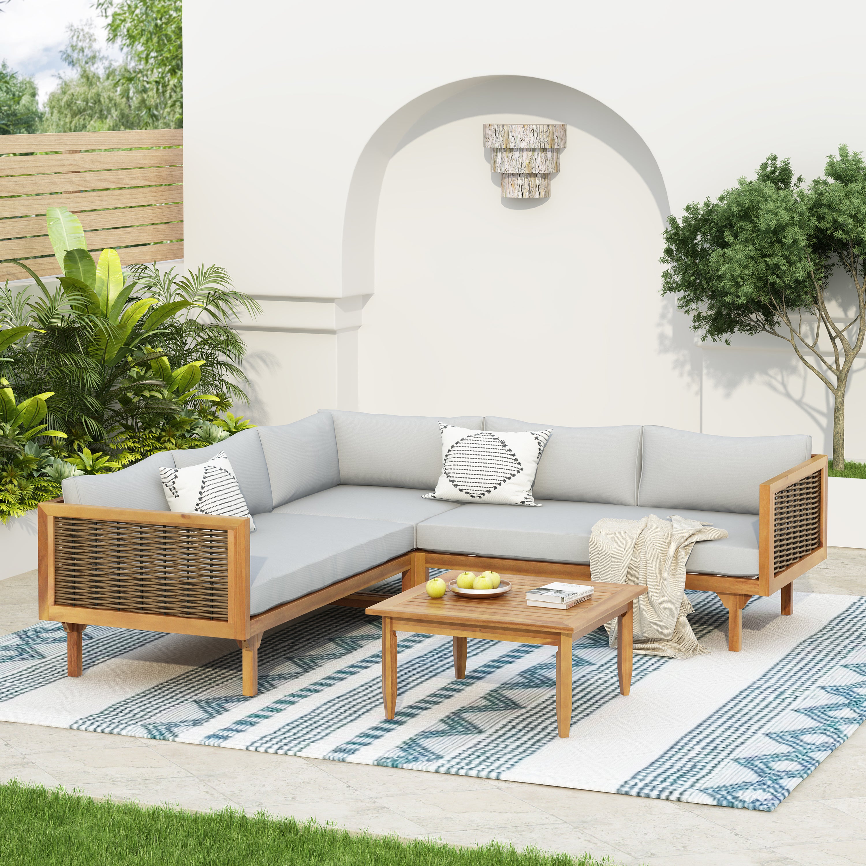 SECTIONAL SEATING GROUP WITH WATERPROOF CUSHIONS - PREMIUM OUTDOOR SOFA SET LIGHT GRAY CUSHION