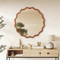Yellowish Brown 36 Inch Wavy Round Solid Wood Frame Decorative Mirror,For Bedroom, Bathroom, Living Room, Entryway