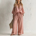 Womens Lace-Trimmed V-Neck Top And Wide-Leg Pants Two-Piece Set