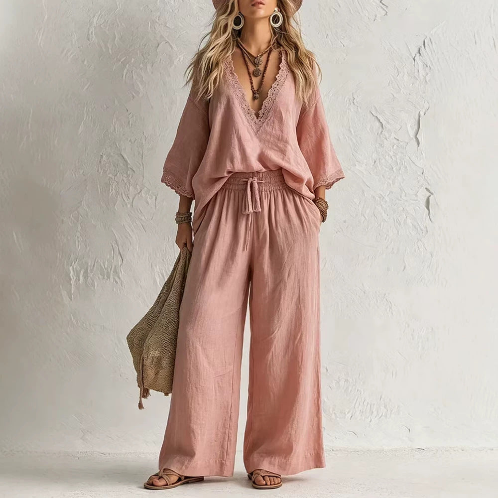 Womens Lace-Trimmed V-Neck Top And Wide-Leg Pants Two-Piece Set
