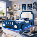 Children S Bed 3FT-90 X 190cm, Upholstered Bed, Single Bed, Car-shaped Design, With Safety Rails, With LED Lighting, Velvet, Blue