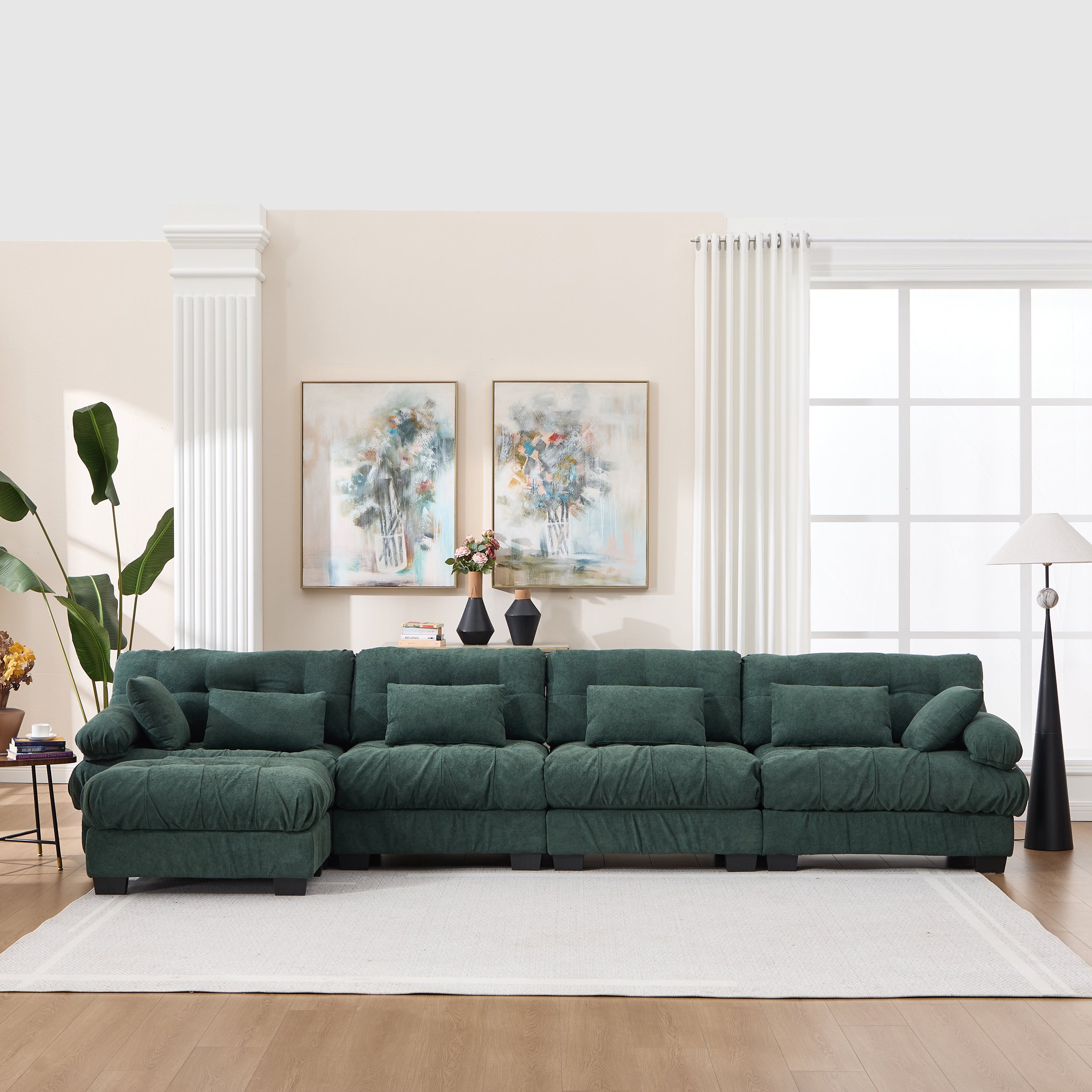 Modular Sectional Sofa Cloud Couch, L Shaped Sectional Couches For Living Room, Deep Seat Modular Couch With Round Armrests 6 Pillows, 4-Seater Modern Comfy Advanced Flannelette Sofa For Bedroom