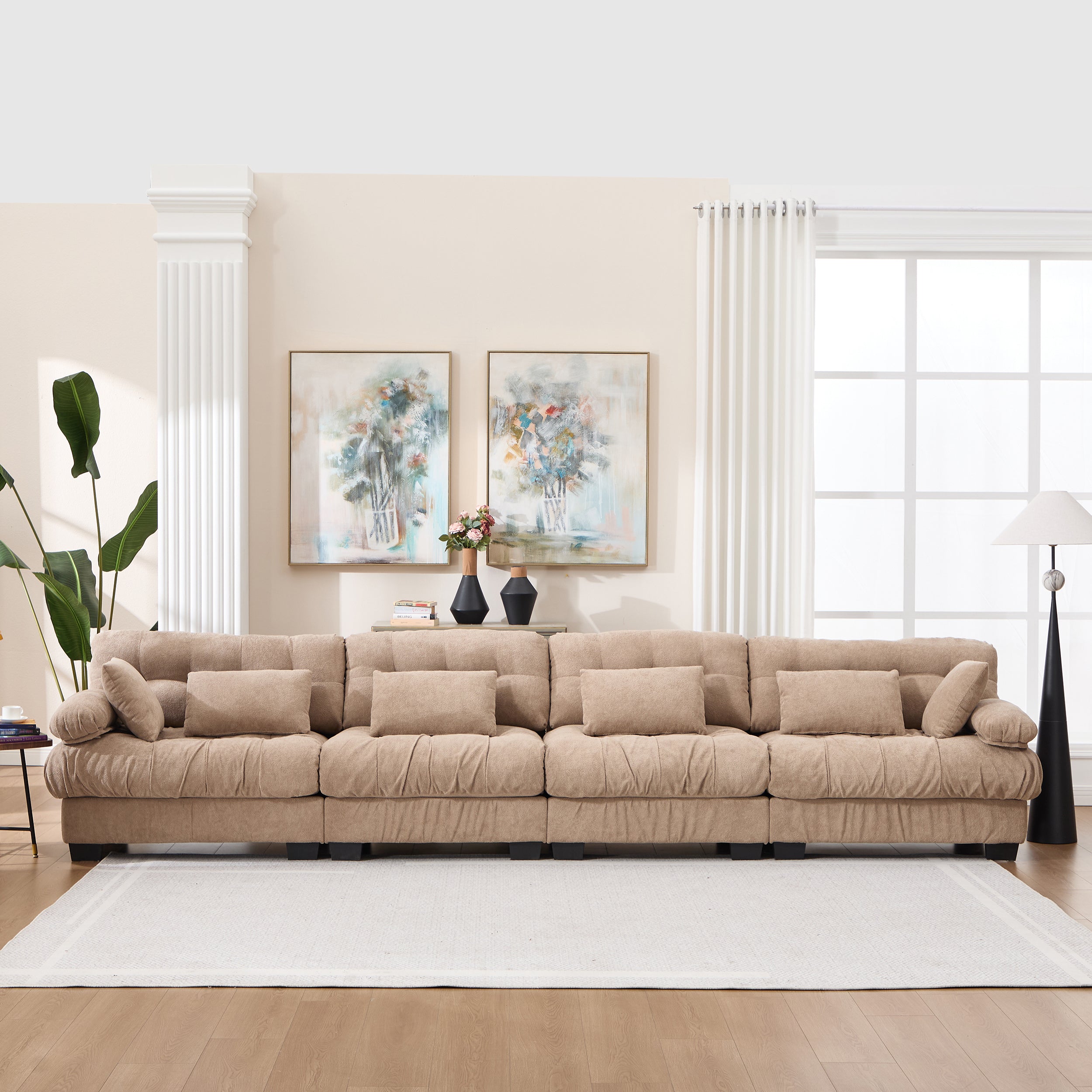 Modular Sectional Sofa Cloud Couch, Modern Sectional Couches For Living Room, Deep Seat Modular Couch With Round Armrests 6 Pillows, 4-Seat Comfy Advanced Flannelette Sofa For Bedroom