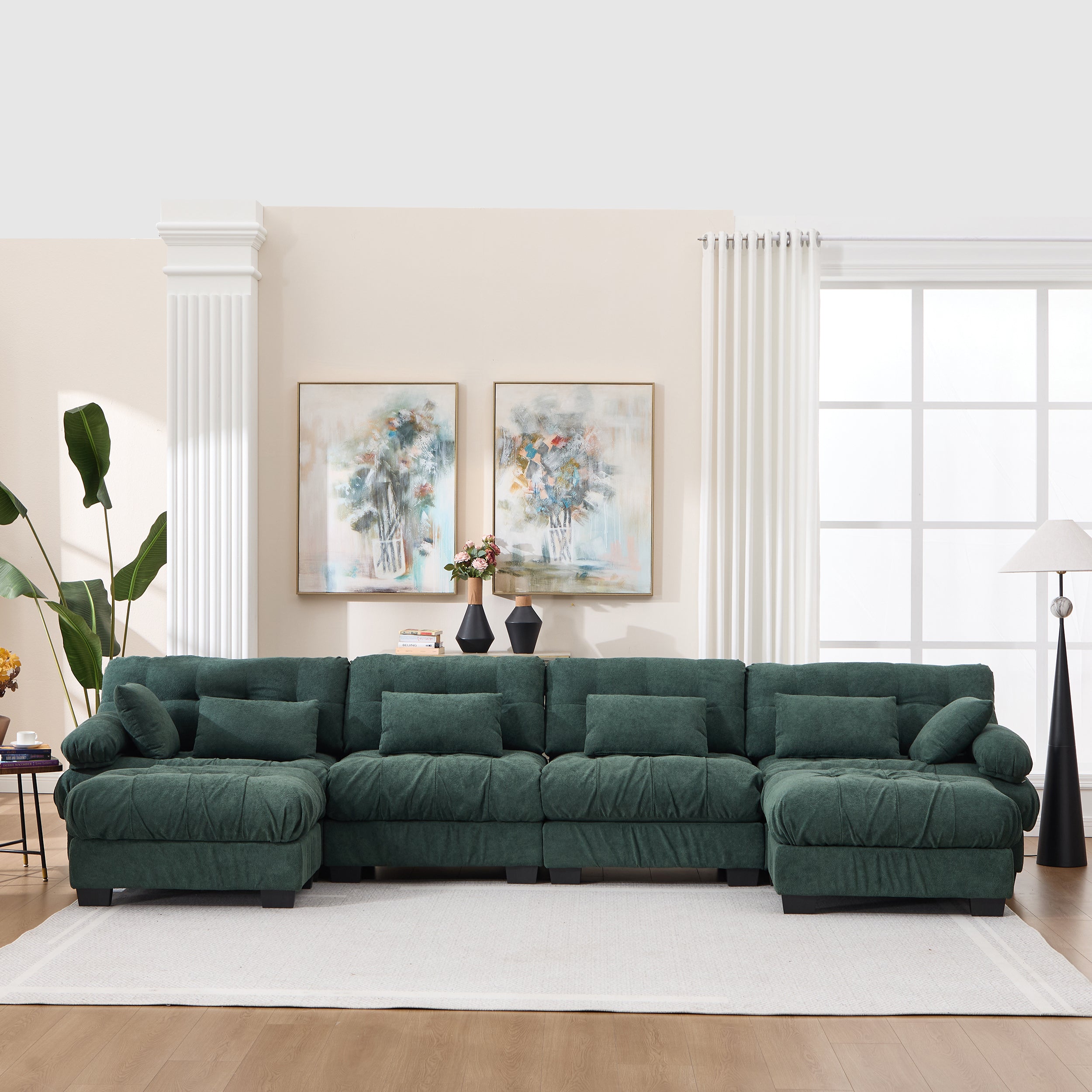 U Shaped Couch Modular Sectional Sofa, Modern Deep Seat Cloud Couch, Oversized Modular Couches For Living Room, Comfy Advanced Flannelette Sofa Bed With Round Armrests 6 Pillows,Sofas For Bedroom