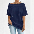 Womens Loose-fitting Casual Off-shoulder Short-sleeve Top With Drawstring Hem