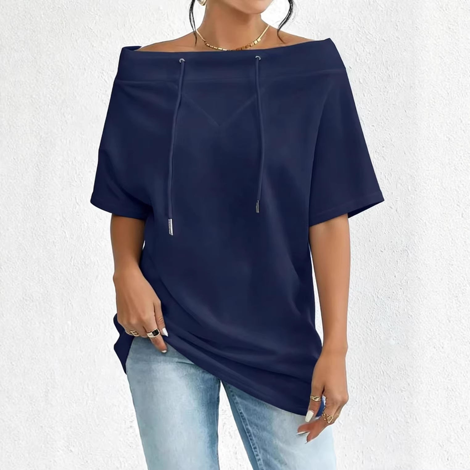 Womens Loose-fitting Casual Off-shoulder Short-sleeve Top With Drawstring Hem