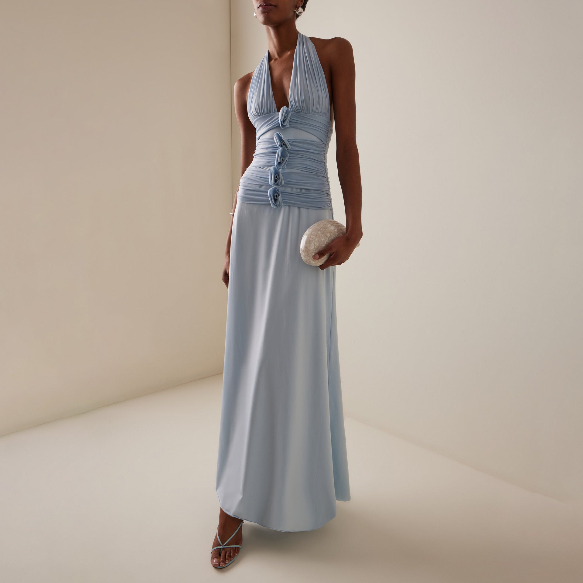 Deep-V Plunging Back Three-dimensional Floral Dress