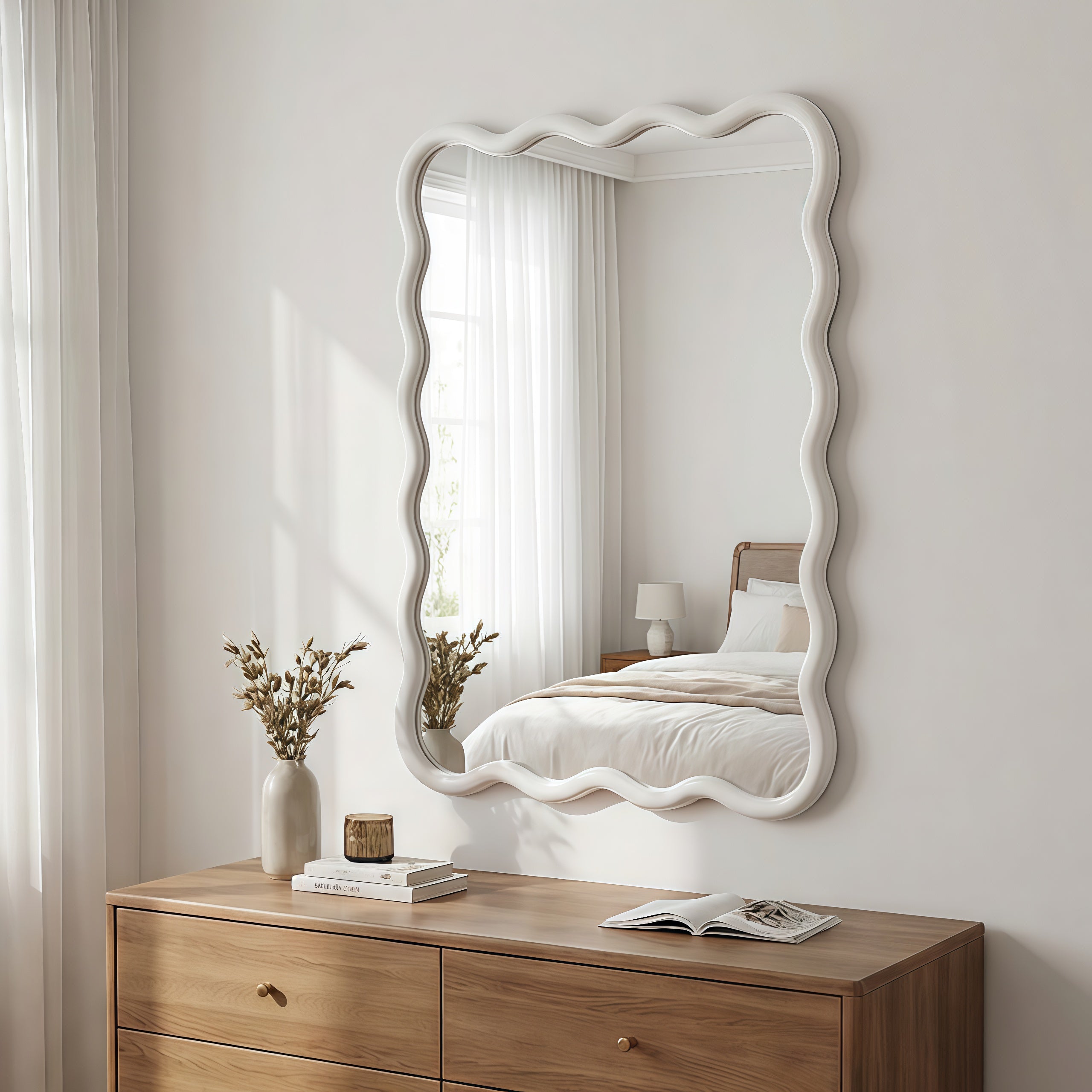 White 20 X30  Wavy Rectangle Solid Wood Frame Decorative Mirror,For Bedroom, Bathroom, Living Room, Entryway