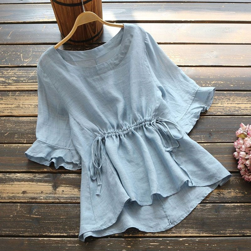 Versatile Loose-fit Pleated-waist Short-sleeve Shirt