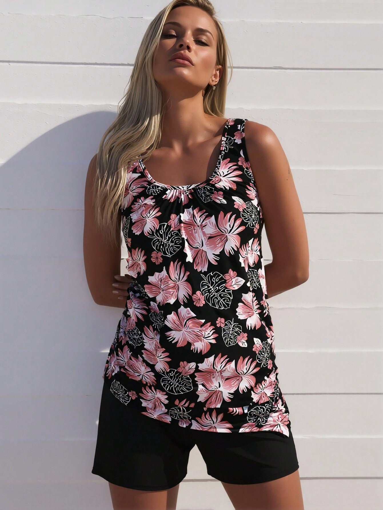 2026 New Fashion Swimsuit Women's Black Tropical Floral Print Loose Tankini + Black Boyshort Set For Beach Vacation, Modest & Slim Fit