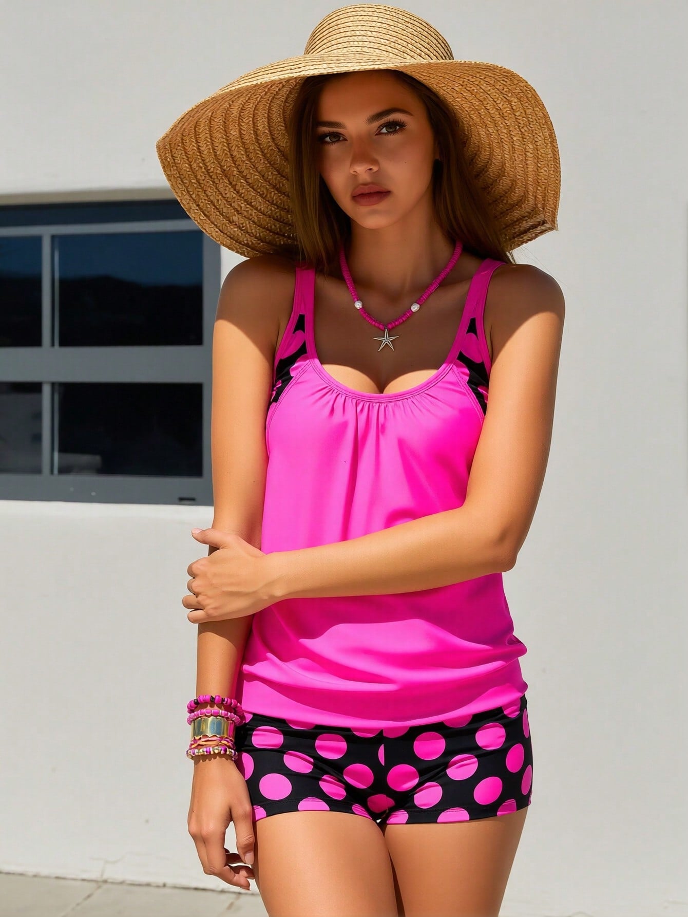 2026 New Hot Pink Tankini Swimsuit Set, Scoop Neck Loose Tank Top & Polka Dot Boyshort Bottoms